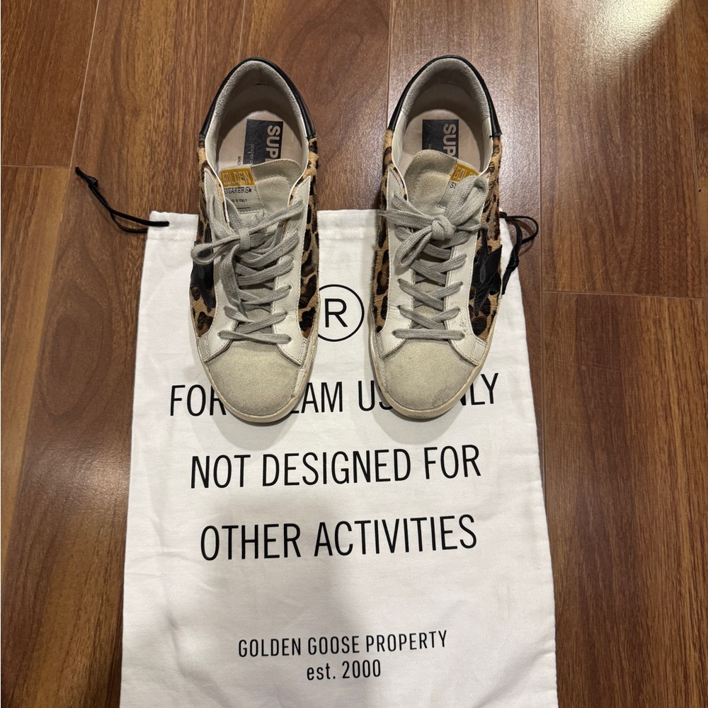 Golden Goose Beige and Black Leopard Sneakers